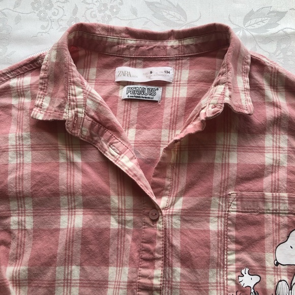 Zara Peanuts Charlie Brown Girls Size 9 Pink/White Plaid Button-Up Shirt Classic - Picture 13 of 16